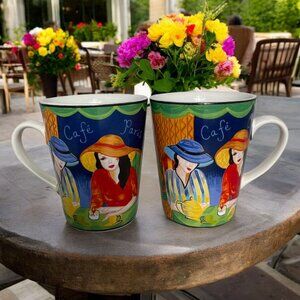 Cafe Paris Girl Friends Coffee Mug Tea Cup Ceramic Colorful French Bistro Scene
